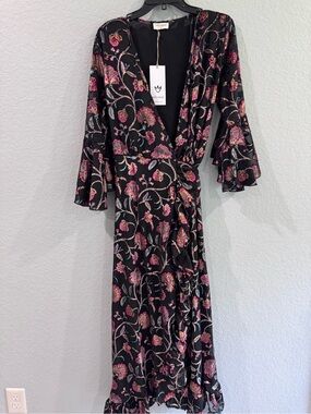 Tularosa Black Floral Wrap Dress with Pink Velvet Flowers